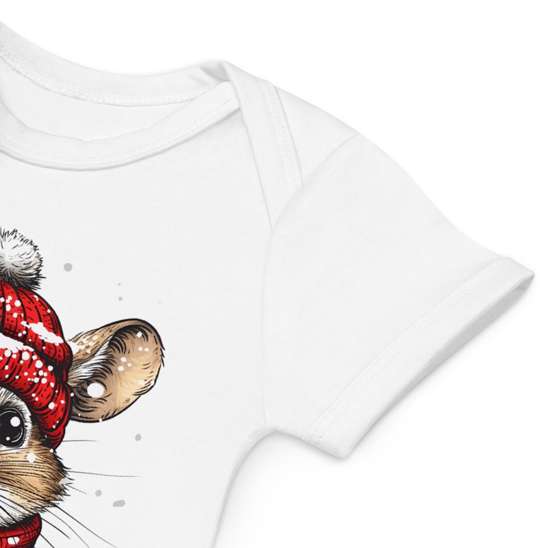 Organic Cotton Baby Bodysuit, 3-18 months, Mouse wearing red winter hat and scarf in the snow,xg8dl3
