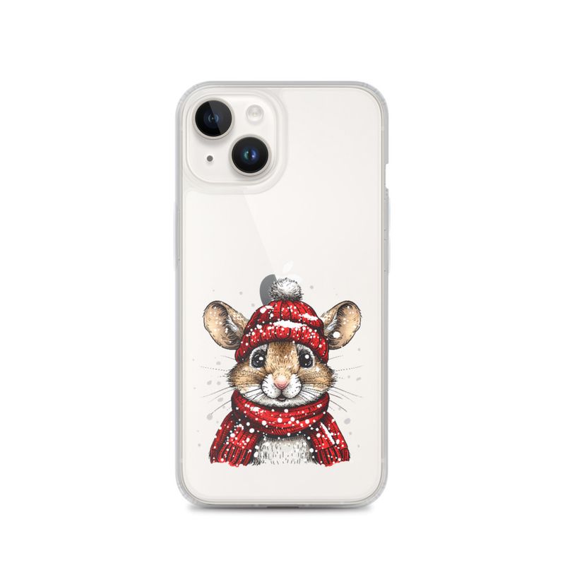 Clear Case for iPhone, Mouse wearing red winter hat and scarf in the snow, xg8dl3