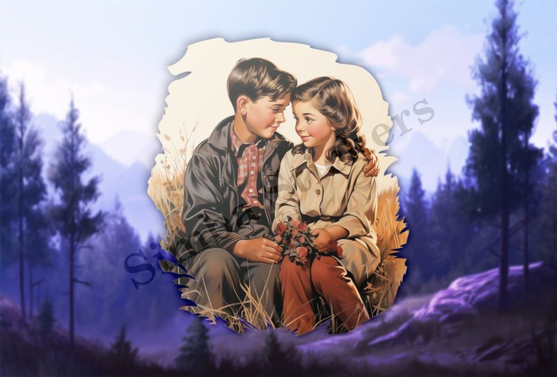 Boy and girl sitting, girl holding flowers