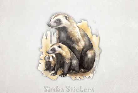 Honey Badger mother with children, watercolour, feslsk