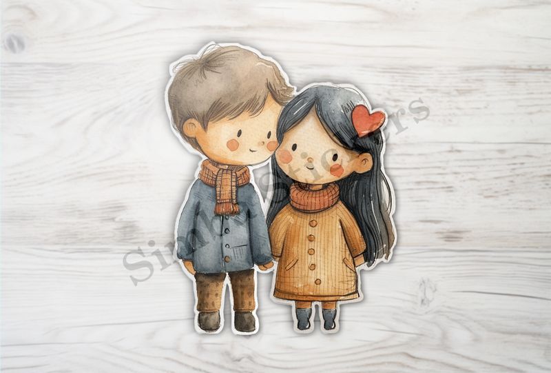 Cute boy and girl in rosy cheeks, wearing scarves 