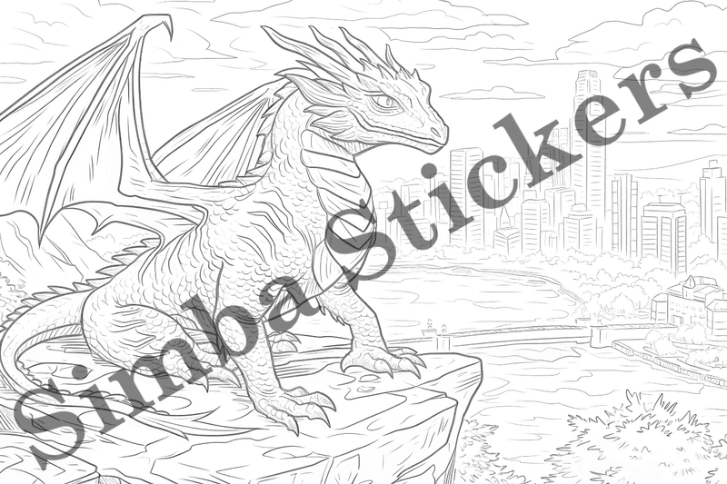 Colouring pages, bundle of dragons in cityscape, 10 images