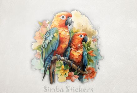 Parrots in love perching above and among flowers, qbar4x