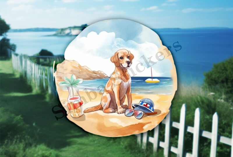 Dog at the beach, next to hat, watercolour