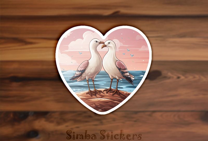 Seagulls in love in pinkish sunset inside Valentine&#x27;s heart, rvjzrm
