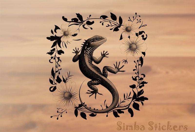 Lizard framed by white flowers, outline art