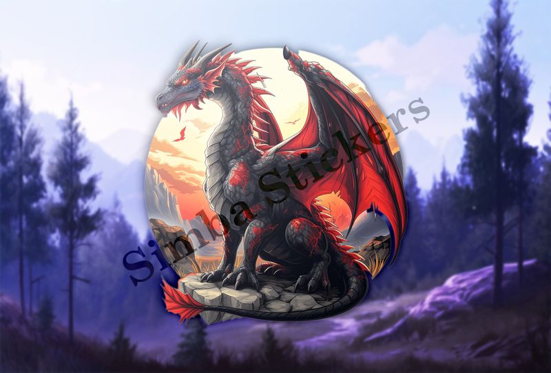 Black and red dragon perching on a high rock in the sunset