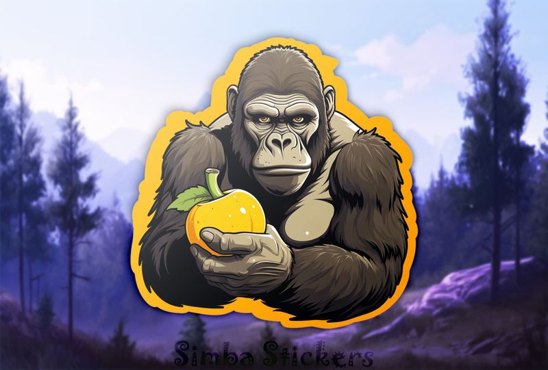 Gorilla holding a fruit and frowning, 8grvzt