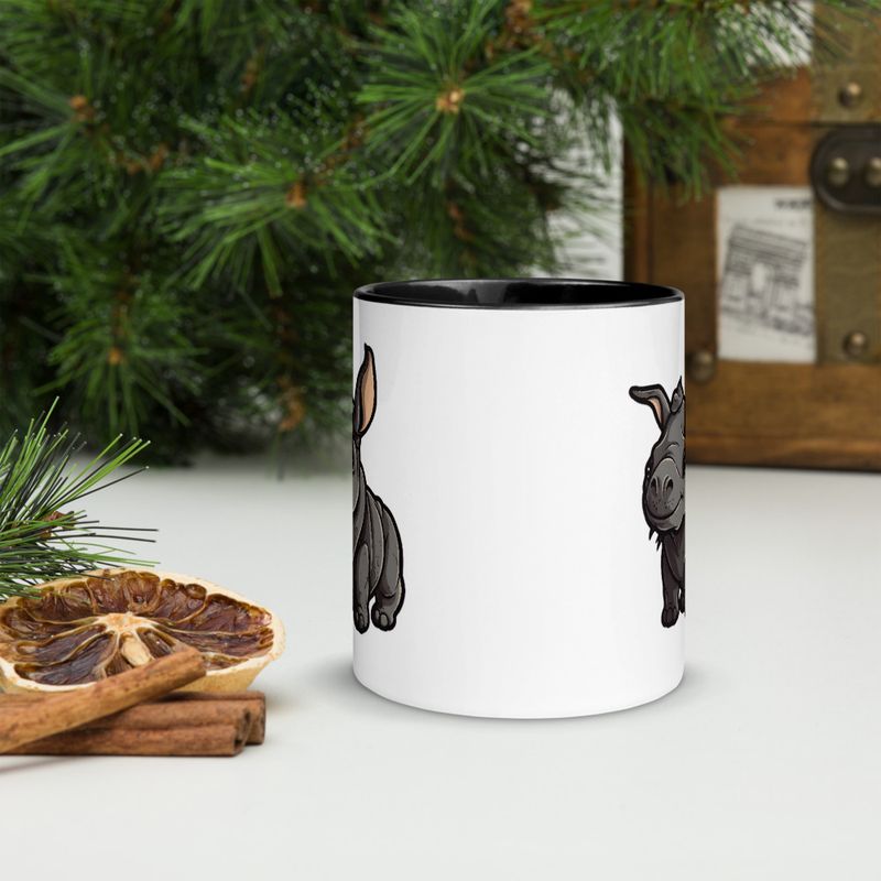 White Ceramic Mug with Color Inside, 11oz &amp; 15oz, Black rhino calf looking cute 