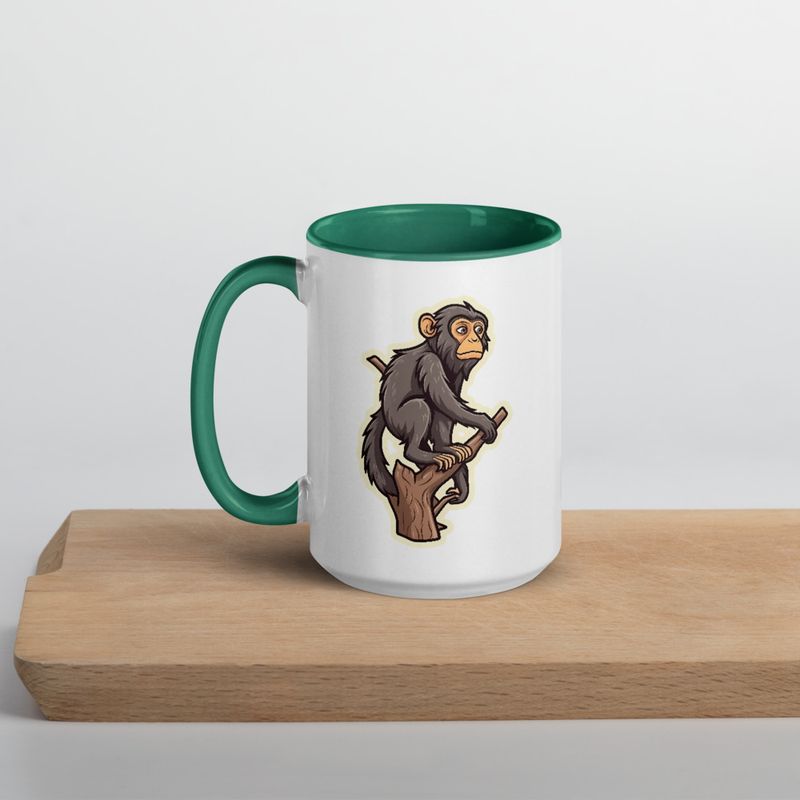White Ceramic Mug with Color Inside, 11oz &amp; 15oz, Baboon on a tree, looking sad, head-to-head