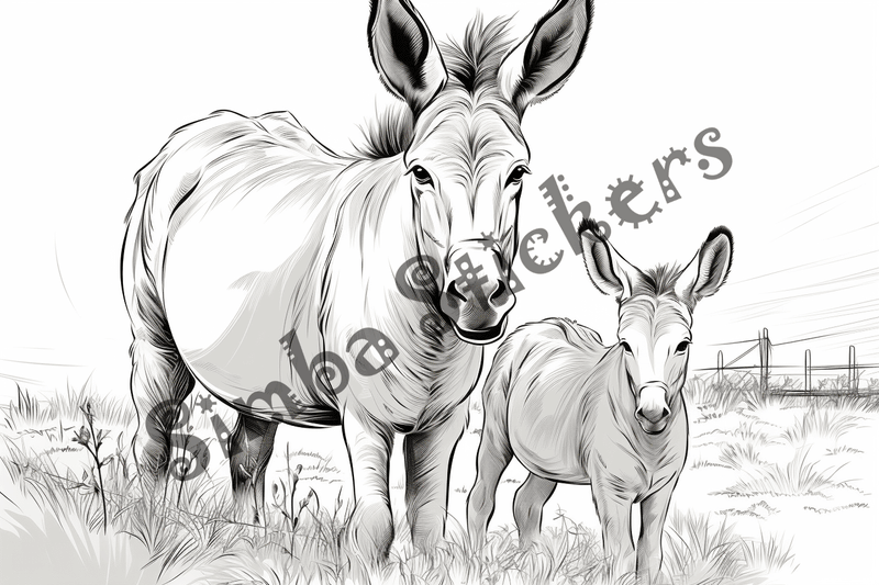 Colouring pages, bundle of donkeys with children, 25 images