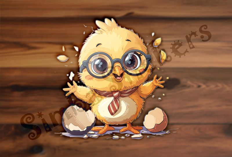 Chick in glasses and necktie arms outstreched next to eggshells