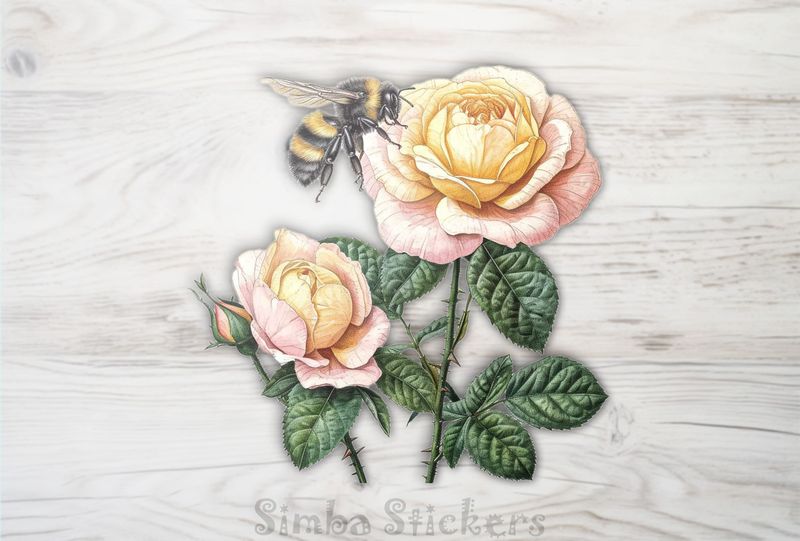 Bee flying around beatutiful pinkish rose flowers, watercolour