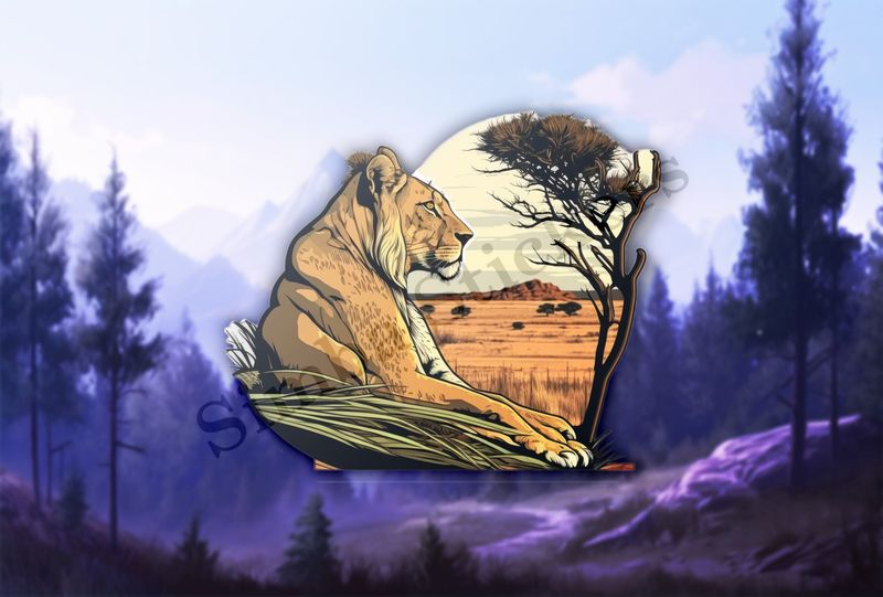 Female lion sitting in the Savanna