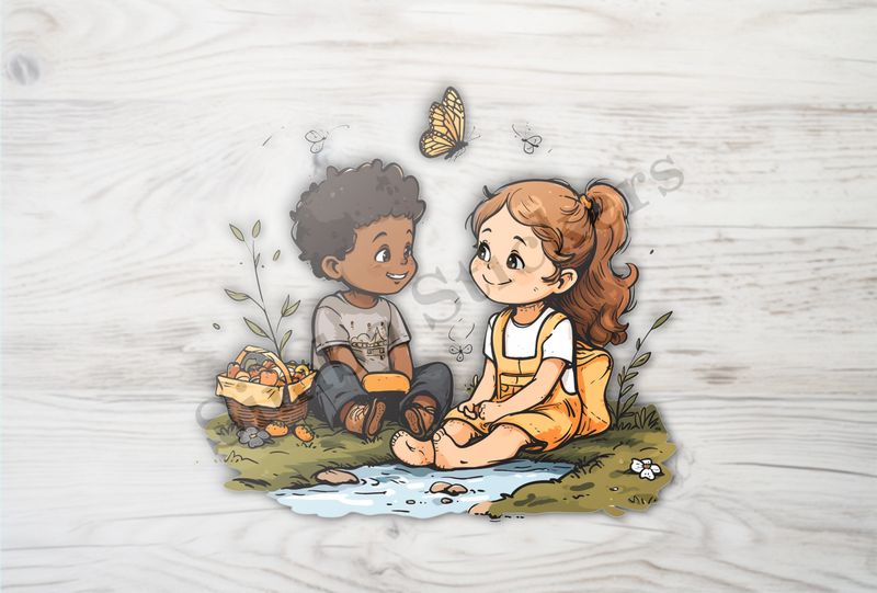 Boy and girl with a picnic basket by a pond, butterfly in the air
