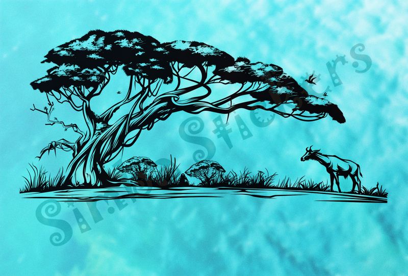 African Savanna landscape, antelope by giant tree, outline art