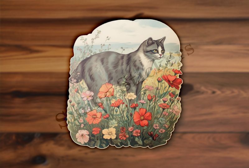 Vintage cat in flower field