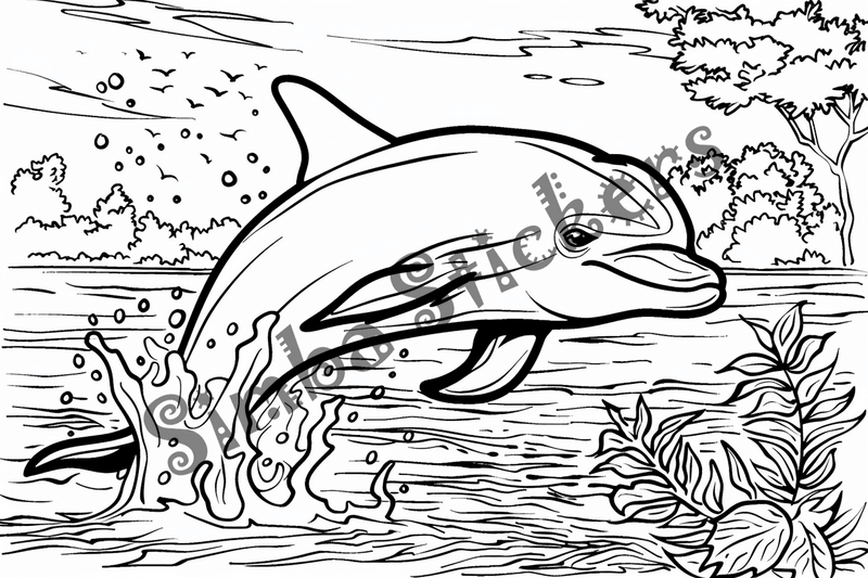 Colouring pages, bundle of dolphins above water, 10 images