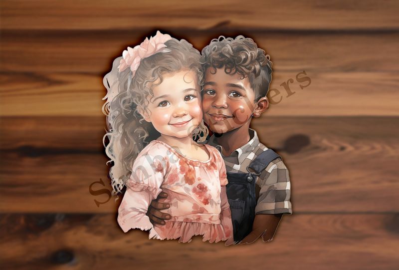 Girl and boy, cheek-to-cheek, hand on hips