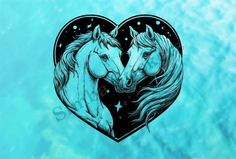 Horses nose-to-nose, both white, in a heart, outline art