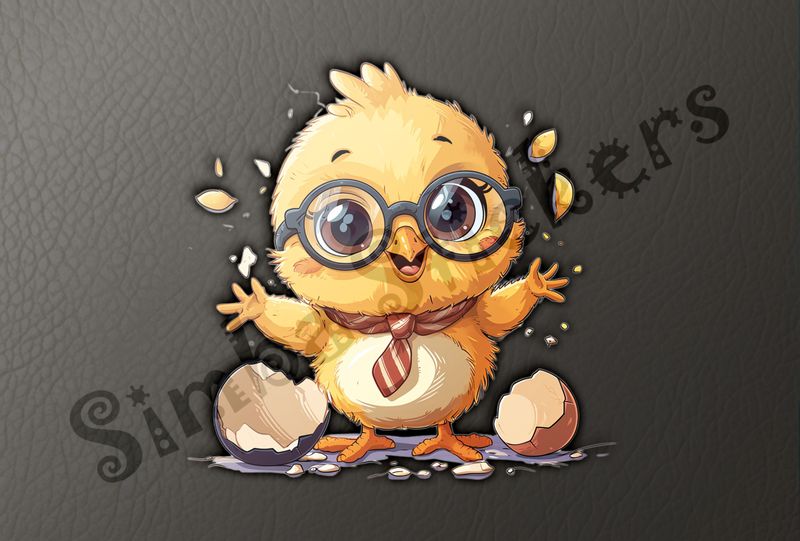 Chick in glasses and necktie arms outstreched next to eggshells