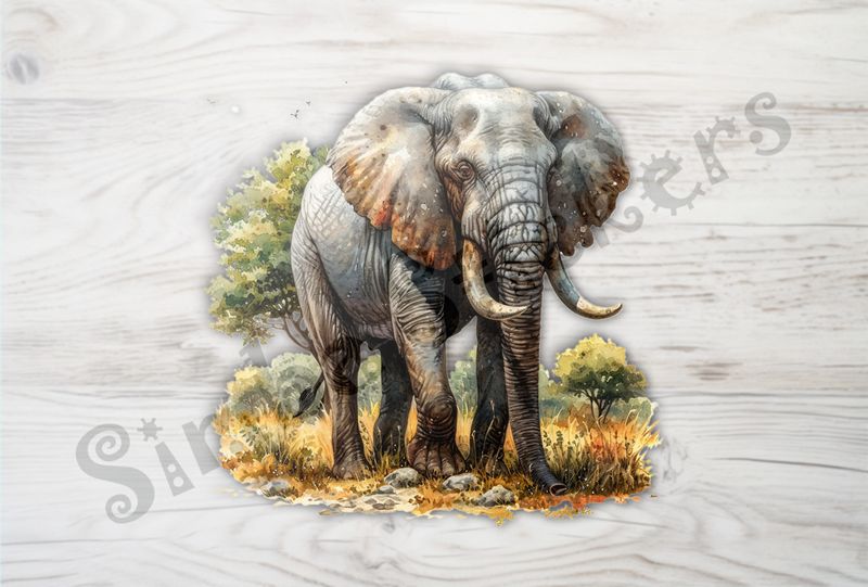 Elephant in brown grass in front of green tree, watercolour, uvqbur