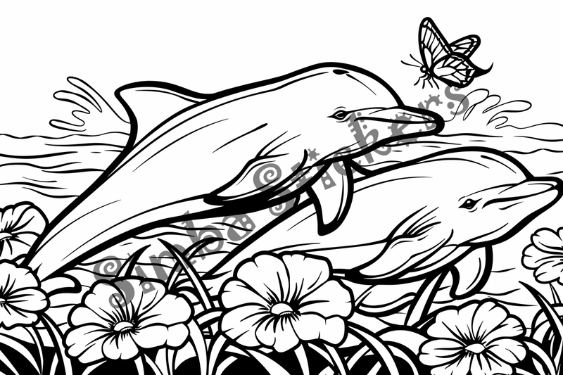 Colouring pages, bundle of dolphins  in flowers, 10 images