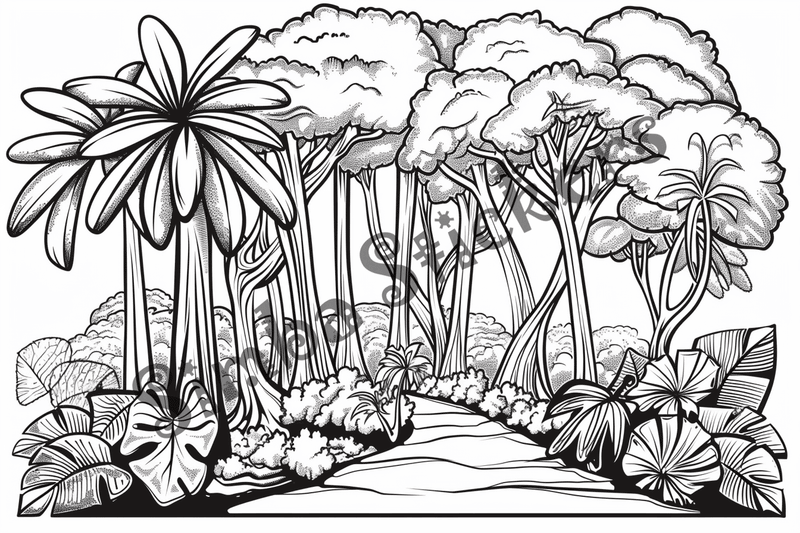 Colouring pages, bundle of Equatorial Rainforest landscape, 25 images