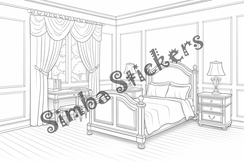 Colouring pages, bundle of house bedrooms, 25 images