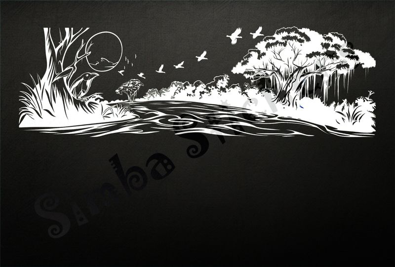 Equatorial Rainforest landscape, bird watching birds flying, outline art