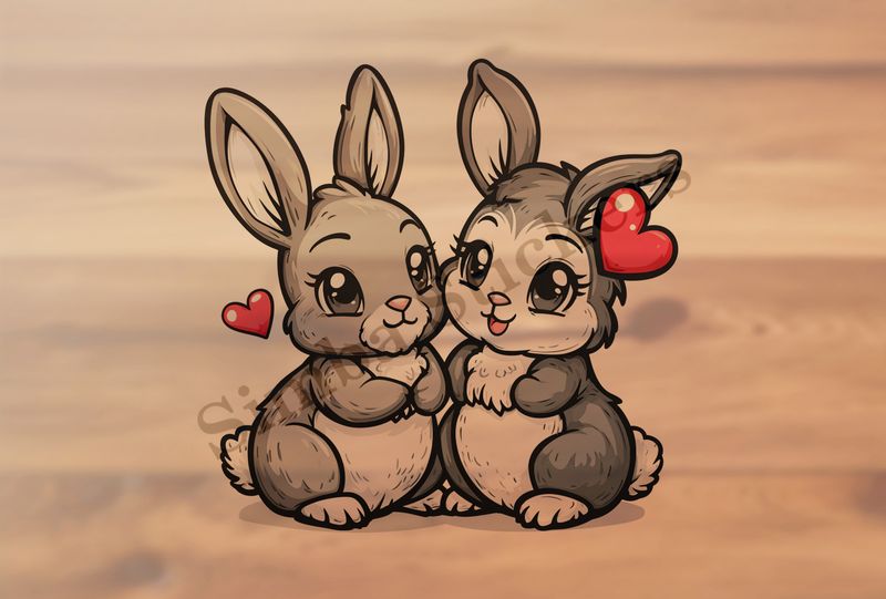 Cute bunnies in love, cheek-to-cheek, hearts in air, outline art