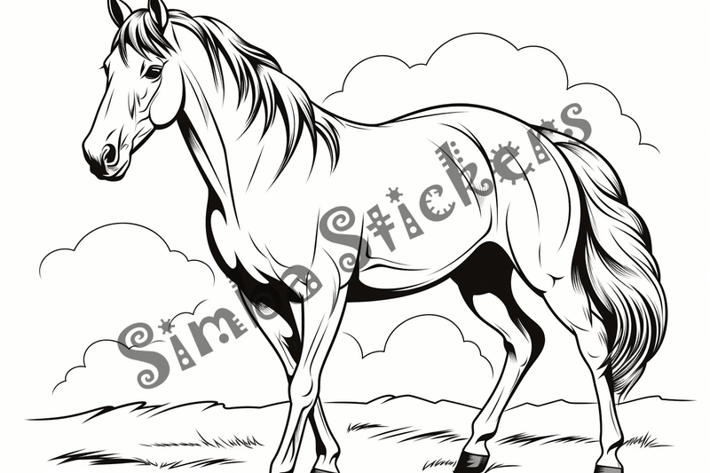 Colouring pages, bundle of horses standing, 10 images