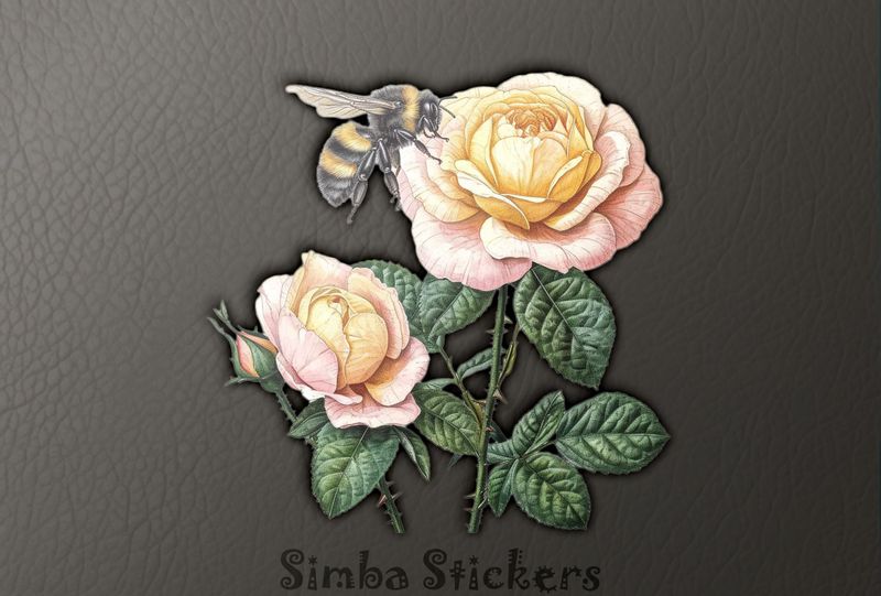Bee flying around beatutiful pinkish rose flowers, watercolour