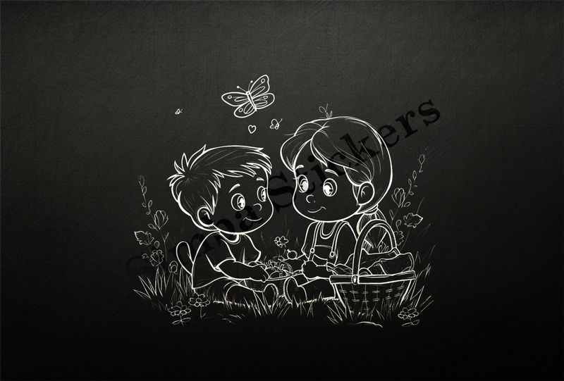Cute boy and girl with picnic baskets, outline art