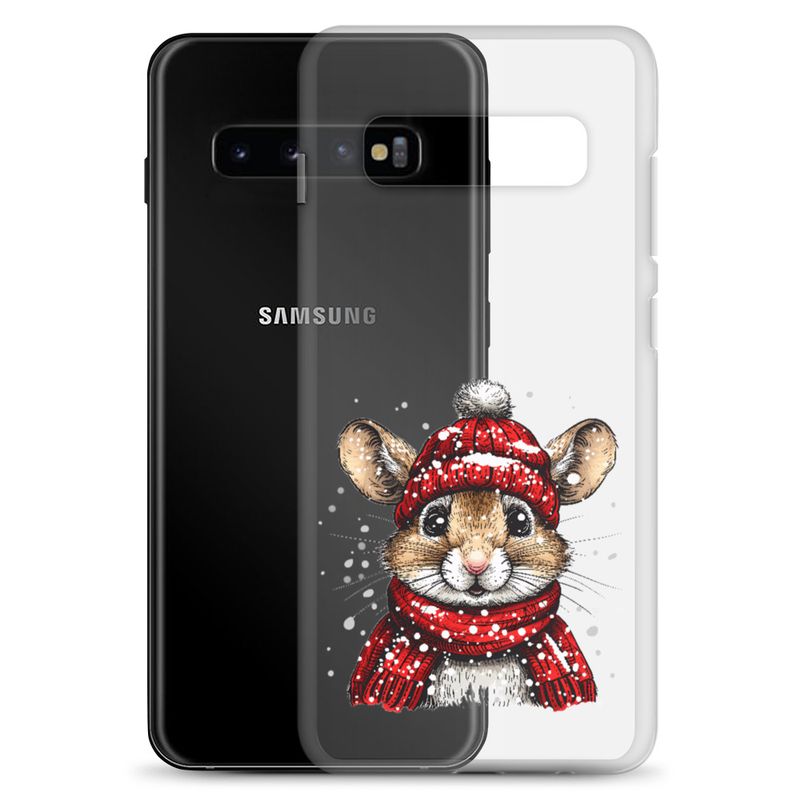Clear Case for Samsung, Mouse wearing red winter hat and scarf in the snow, xg8dl3