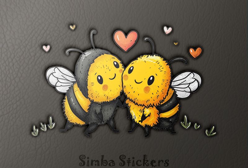 Bees in love cheek-to-cheek, with romantic heart above them, watercolour