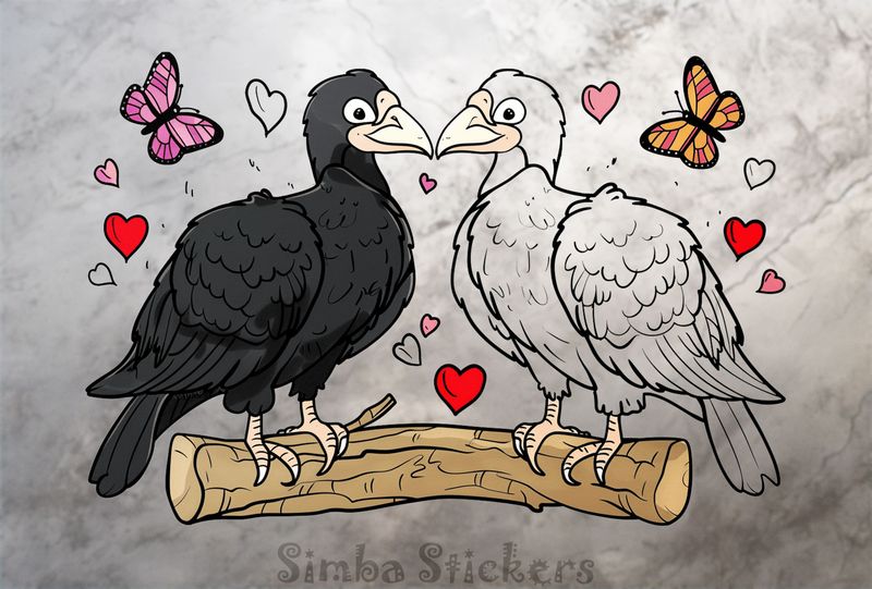 Vultures in love perching on thick branch, outline art, gnib2t
