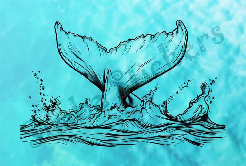 Whale lobtailing, making a big splash, outline art