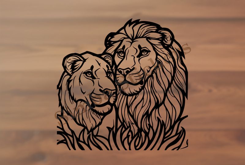 Lion with lioness, romantic, outline art