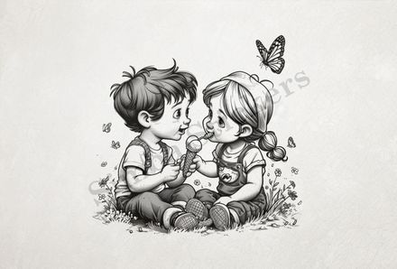 Boy and girl sharing an ice cream, butterfly above them, outline art