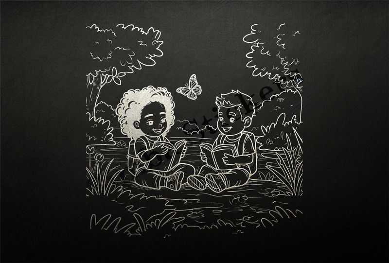 Boy and girl sitting reading books by the river, outline art