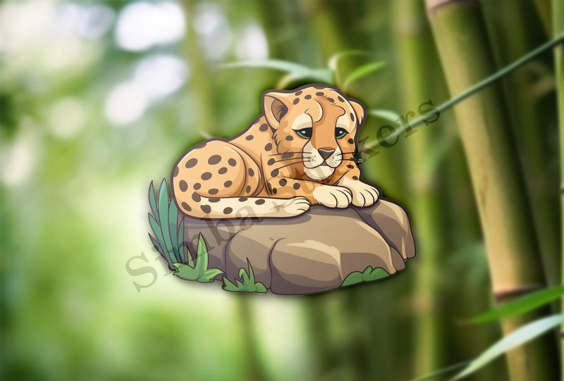 Baby cheetah on a leafy rock