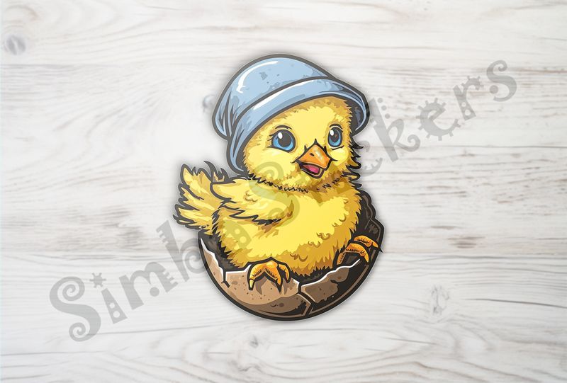Chick in hat with feet on half-intact eggshell