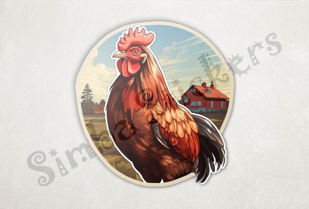 Brown-red chicken, free-range, with farmhouse in background