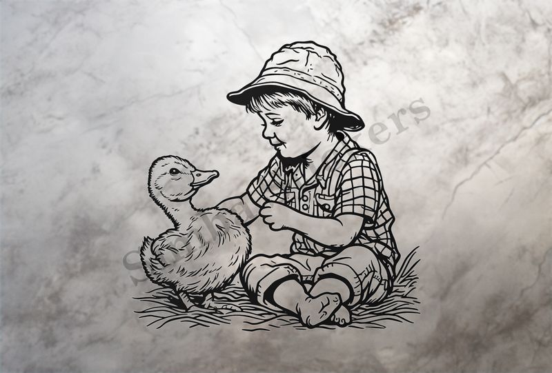Duck petted by small boy in fishing hat, outline art