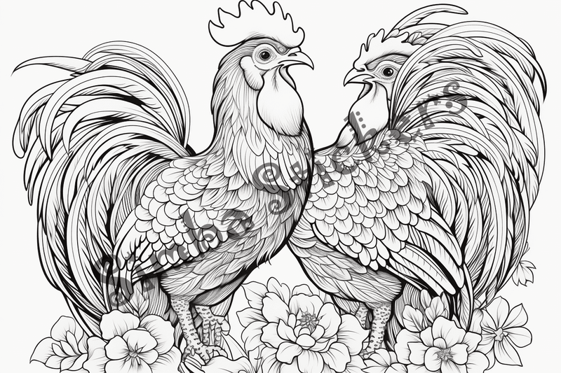 Colouring pages, bundle of chicken in love, mostly in flowers, 10 images