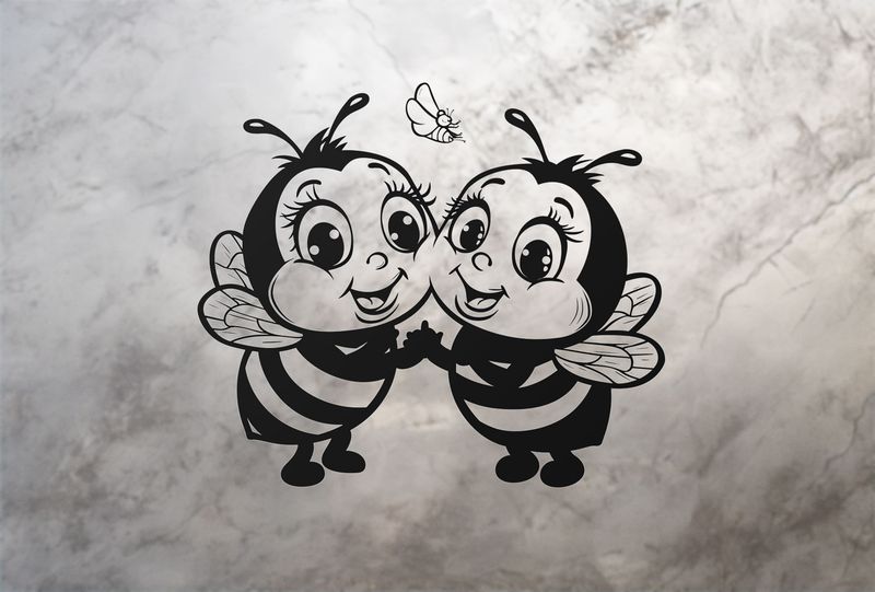 Bees holding hands and smiling, outline art