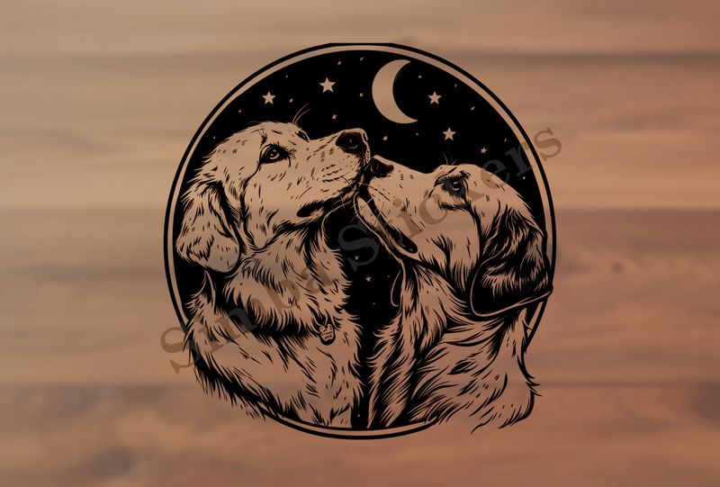 Dogs nose-to-nose under a crescent moon, outline art