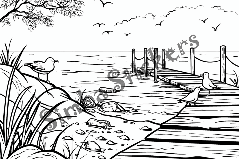 Colouring pages, bundle of seagulls on the seaside, 10 images