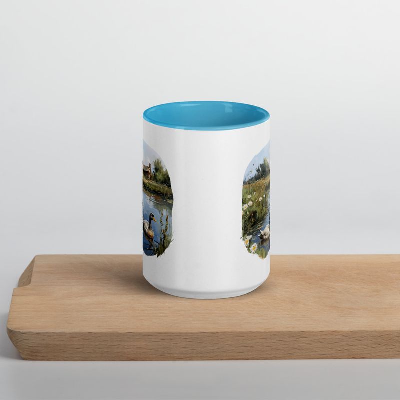 White Ceramic Mug with Color Inside, 11 &amp;15oz, Ducks in love swimming in farmhouse pond 